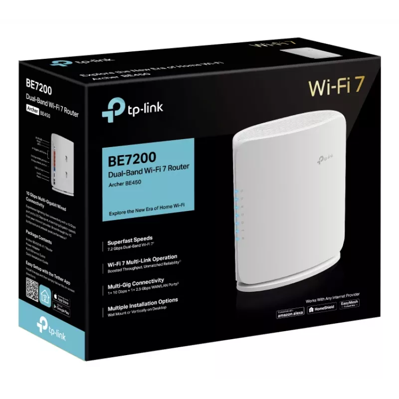Router Wi-Fi TP‑Link Archer BE450 — Dual‑Band (2,4/5 GHz), Wi‑Fi 7, Multi‑Gigabit Ethernet, 5x LAN, USB, bianco