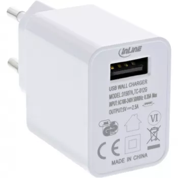 Alimentatore USB InLine singolo, 100-240V a 5V/2,5A, bianco