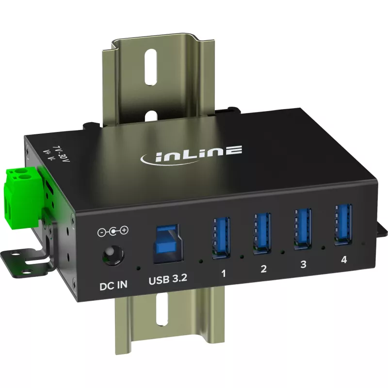 InLine 35396A hub USB 3.2 Gen 1 industriale, 4x USB-A, porta host USB-B, 5 Gbit/s, alloggiamento in alluminio, nero, con alimentatore