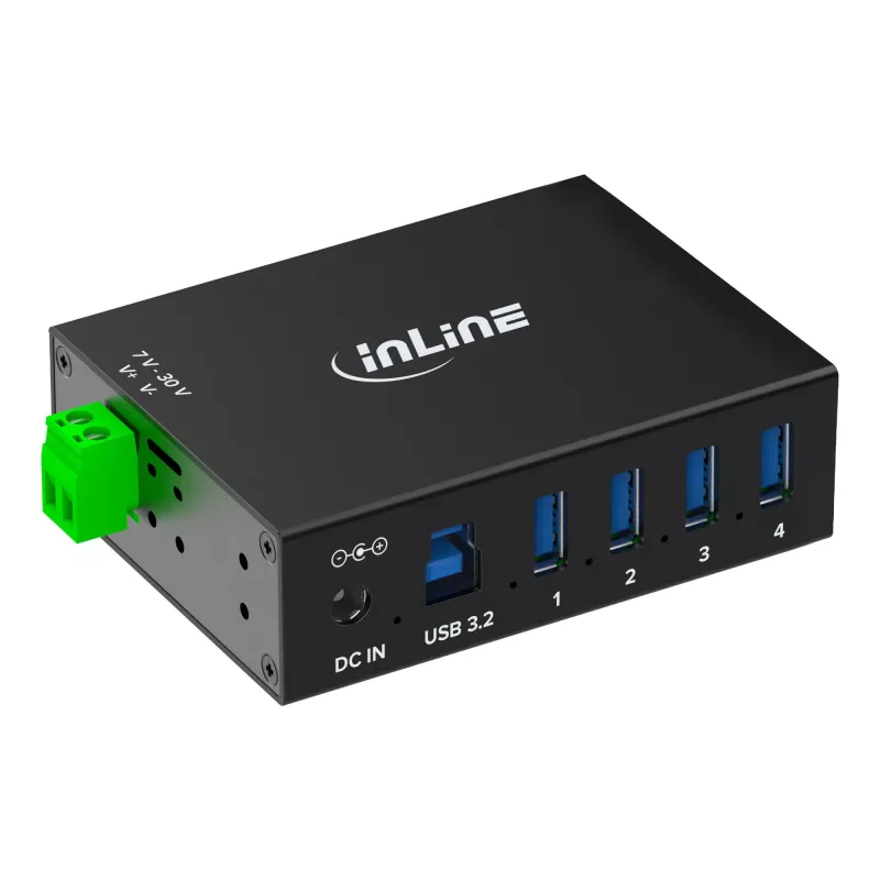 InLine 35396A hub USB 3.2 Gen 1 industriale, 4x USB-A, porta host USB-B, 5 Gbit/s, alloggiamento in alluminio, nero, con alimentatore