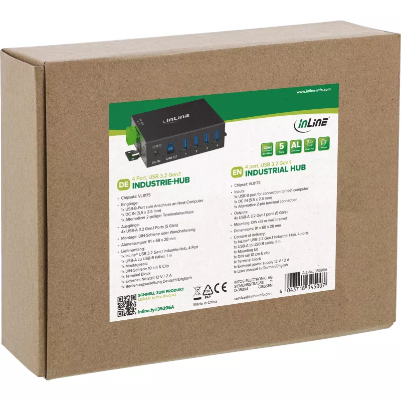 InLine 35396A hub USB 3.2 Gen 1 industriale, 4x USB-A, porta host USB-B, 5 Gbit/s, alloggiamento in alluminio, nero, con alimentatore