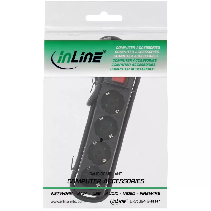 Ciabatta InLine, 4 prese Schuko CEE 7/3, con interruttore, nero, 3m