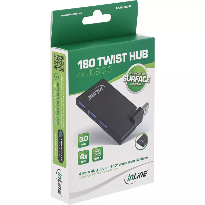 Hub USB 3.0 InLine girevole, 4 porte, nero