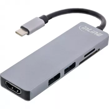 Multi-hub InLine USB 3.2 Gen.1, 2x USB-A, HDMI 4K/30Hz, lettore schede, alluminio, grigio