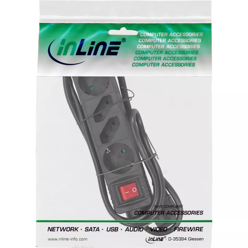 Ciabatta InLine, 4 prese, 2x CEE7/3 + 2x Euro CEE 7/16, nero, 5 m