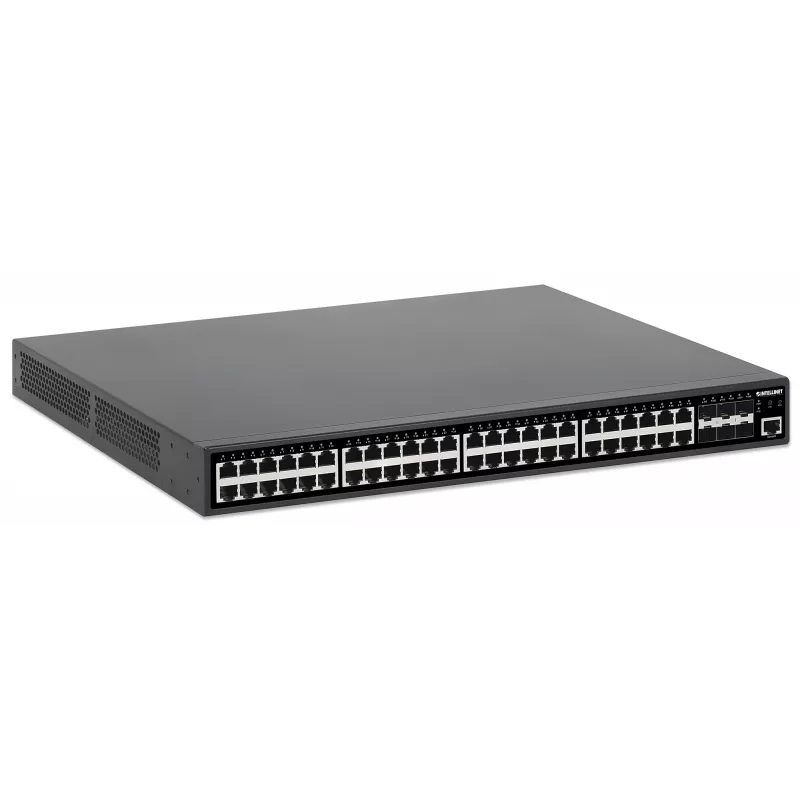 Switch Intellinet 48 porte Gigabit Ethernet PoE+ Layer 2+ gestito con sei uplink 10G SFP+ conforme IEEE 802.3at/af (PoE+/PoE), budget PoE 450 W, Layer 2+/Layer 3 Lite, 6 x 10G SFP+ aperti