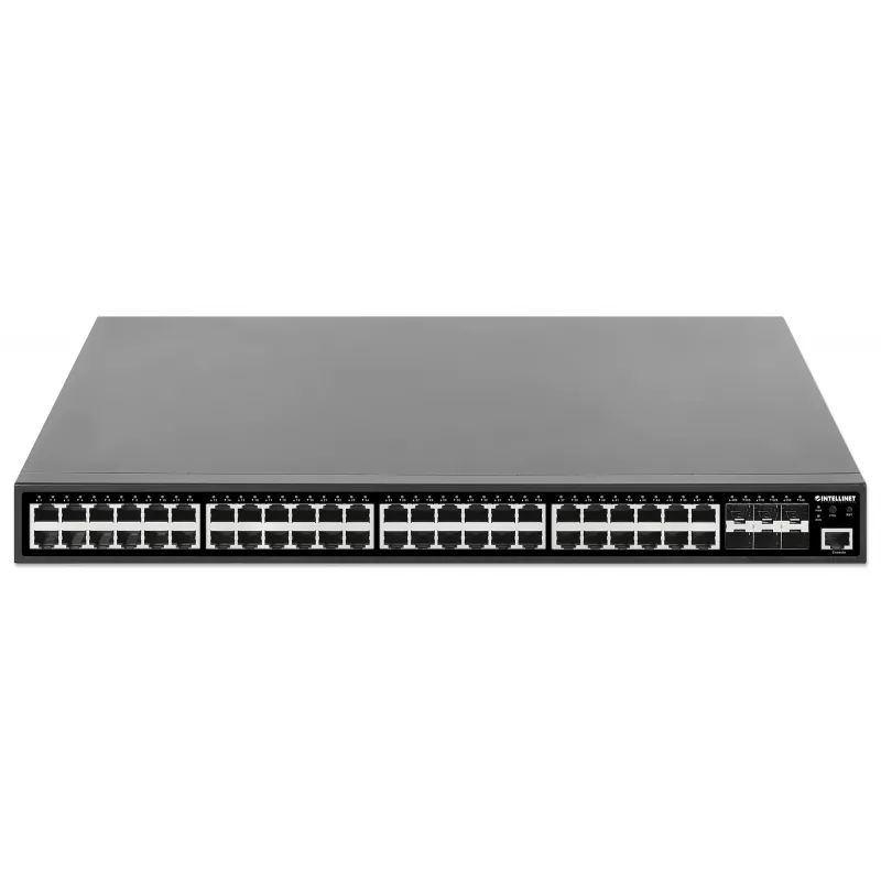 Switch Intellinet 48 porte Gigabit Ethernet PoE+ Layer 2+ gestito con sei uplink 10G SFP+ conforme IEEE 802.3at/af (PoE+/PoE), budget PoE 450 W, Layer 2+/Layer 3 Lite, 6 x 10G SFP+ aperti