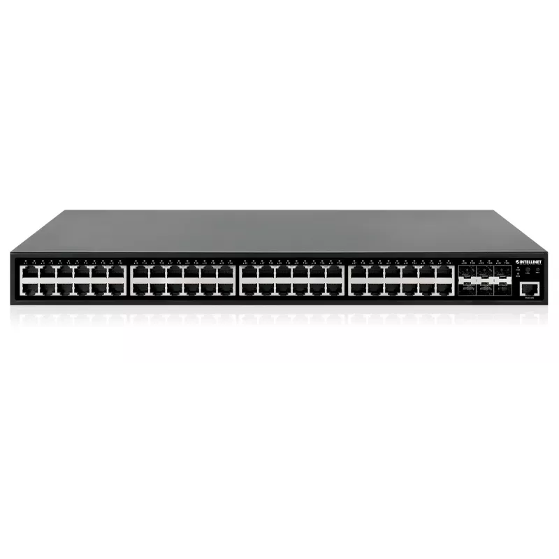 Switch Intellinet 48 porte Gigabit Ethernet PoE+ Layer 2+ gestito con sei uplink 10G SFP+ conforme IEEE 802.3at/af (PoE+/PoE), budget PoE 450 W, Layer 2+/Layer 3 Lite, 6 x 10G SFP+ aperti