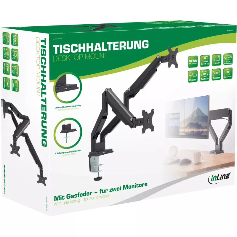 Supporto da scrivania InLine con meccanismo a sollevamento e USB/audio, 2 monitor fino a 81 cm (32 pollici), nero