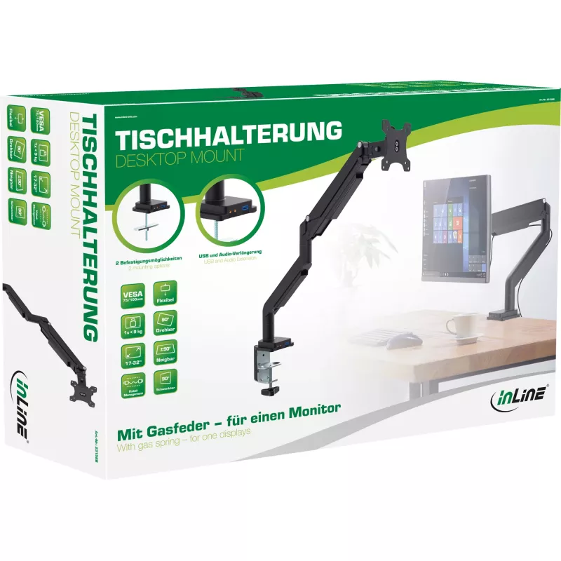 Supporto da tavolo InLine con sollevamento e USB/audio fino a max. 82 cm 32 pollici 9 kg