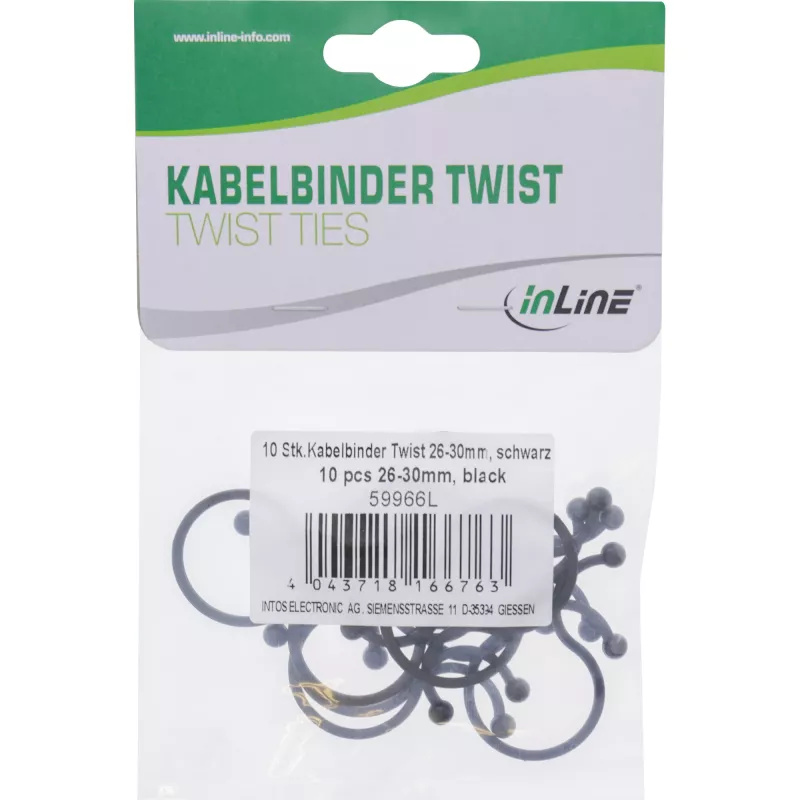Fascette twist InLine 26–30 mm nero, 10 pezzi — organizzatore cavi/cordini, lunghezza 30 mm