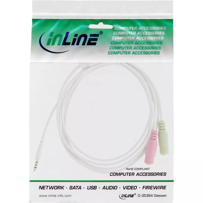 Cavo adattatore audio headset InLine jack 3,5 mm maschio 4 poli / 2x 3,5 mm bianco 1 m