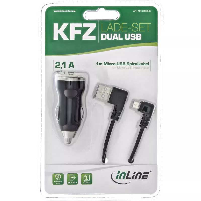 InLine set caricabatterie auto USB DUAL+, alimentatore con cavo a spirale 1 m