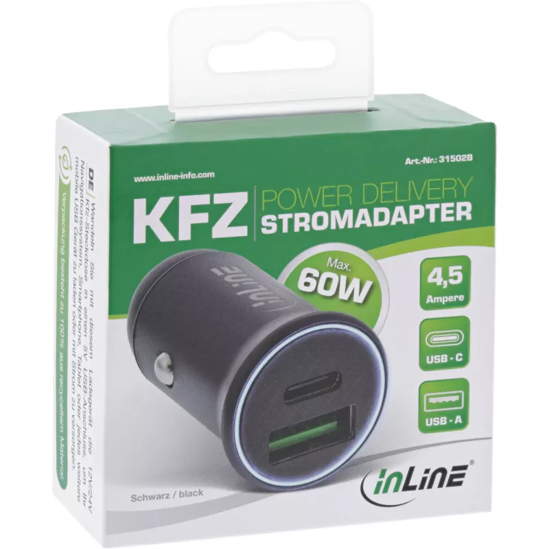 InLine caricabatterie USB da auto adattatore di alimentazione Power Delivery, USB-A + USB-C, nero