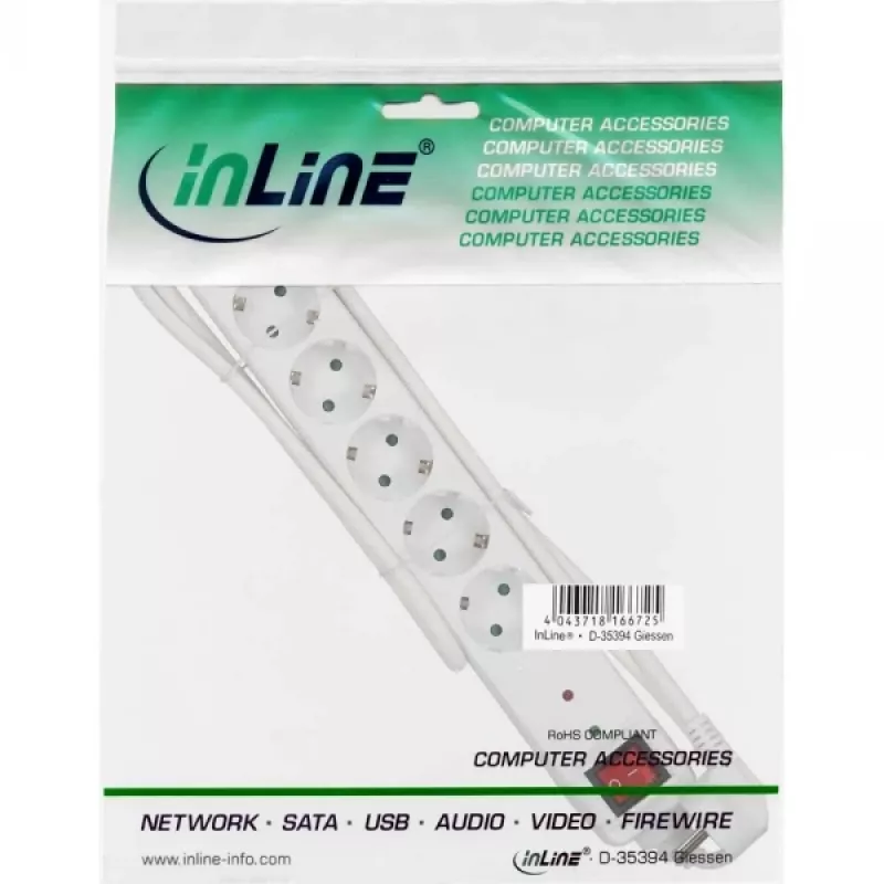 InLine ciabatta CEE 7/3, 6 prese, protezione da sovratensione, interruttore, bianco