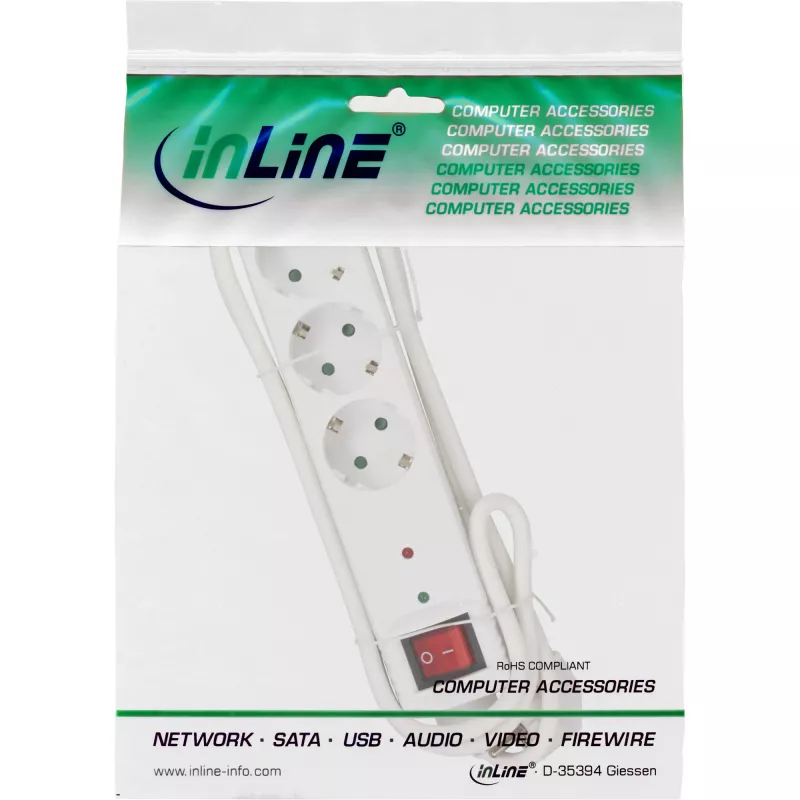 InLine ciabatta CEE 7/3, 3 prese, protezione da sovratensione, interruttore, bianco