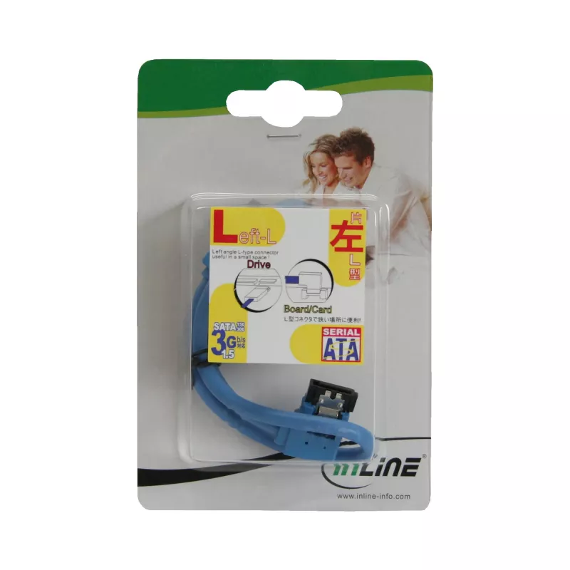Cavo tondo InLine SATA 6Gb/s blu angolare a sinistra 90° con bloccaggi 0,5 m
