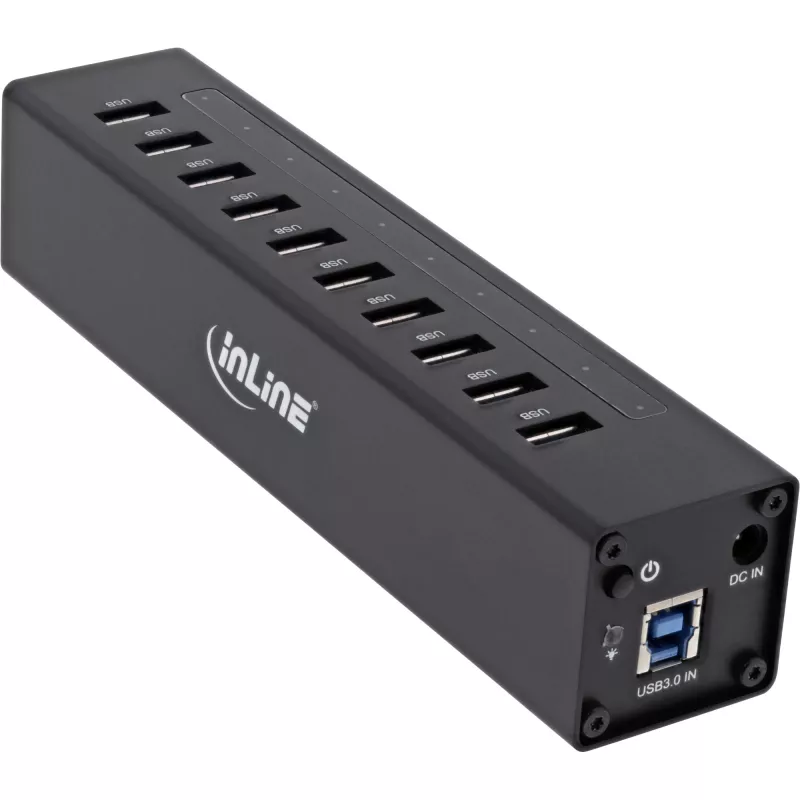Hub USB 3.0 InLine 10 porte case in alluminio con alimentatore 4A, nero