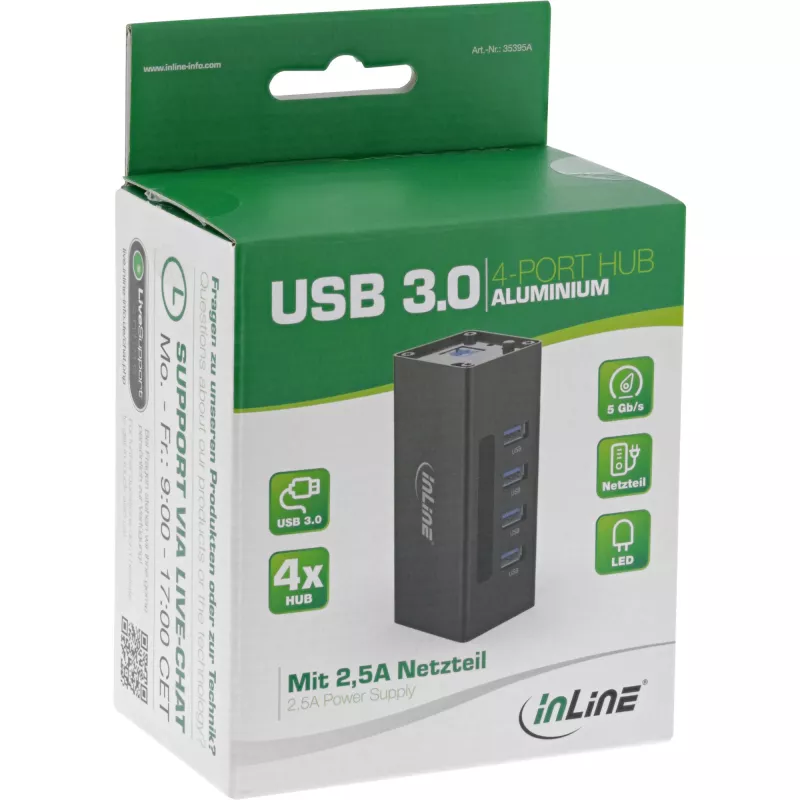 Hub USB 3.0 InLine, 4 porte, case in alluminio, con alimentatore 2,5A