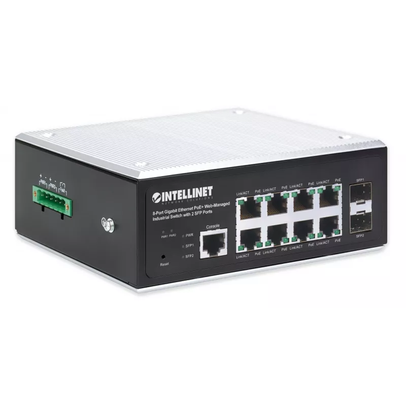 Intellinet 508278 switch industriale a 8 porte Gigabit Ethernet PoE+ L2+ gestito via web, 2x SFP, 30 W per porta, guida DIN, da -40 a 85 °C, IP30, senza ventola