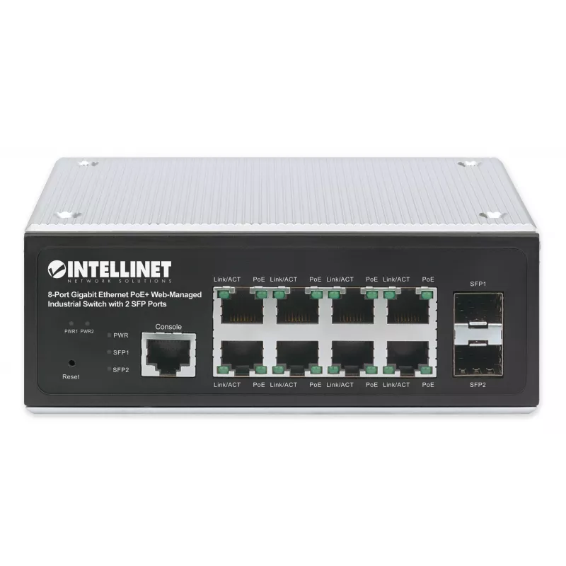 Intellinet 508278 switch industriale a 8 porte Gigabit Ethernet PoE+ L2+ gestito via web, 2x SFP, 30 W per porta, guida DIN, da -40 a 85 °C, IP30, senza ventola