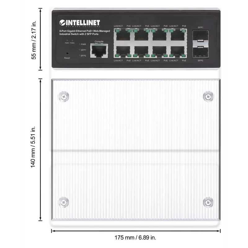 Intellinet 508278 switch industriale a 8 porte Gigabit Ethernet PoE+ L2+ gestito via web, 2x SFP, 30 W per porta, guida DIN, da -40 a 85 °C, IP30, senza ventola
