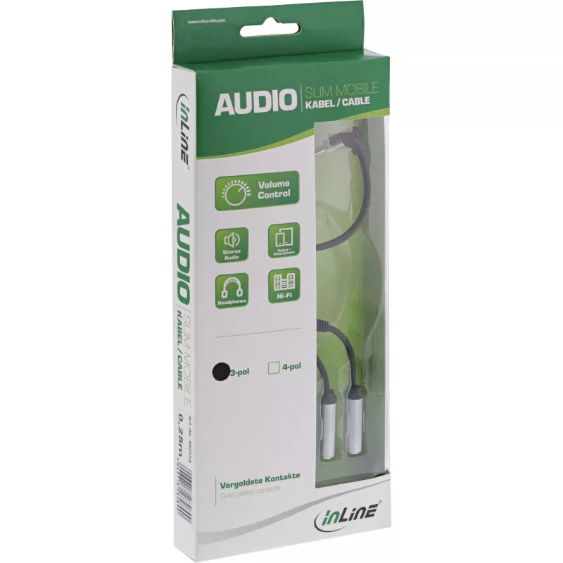 Cavo audio slim a Y InLine 3,5 mm spina / 2x connettore femmina, con regolatore di volume 0,25 m