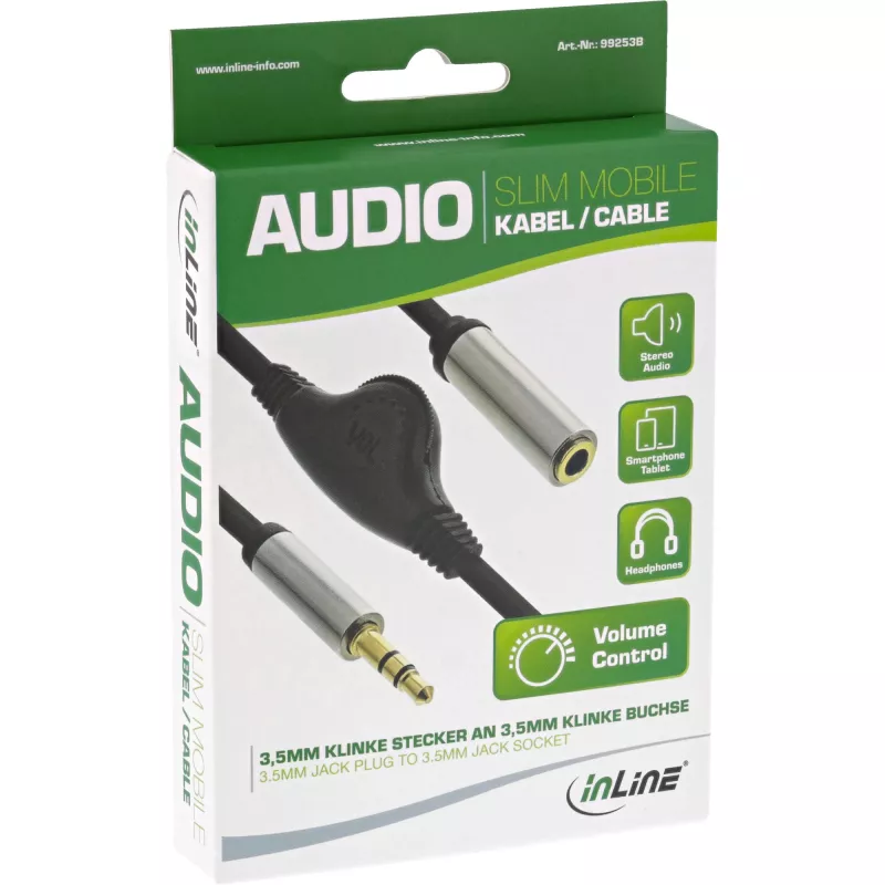 Cavo audio slim InLine 3,5 mm spina / connettore femmina con regolatore di volume 0,25 m