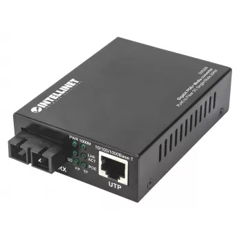 Intellinet convertitore di media Gigabit PoE+, da porta 1000Base-T RJ45 a 1000Base-LX (SC) monomodale, 20 km, iniettore PoE+