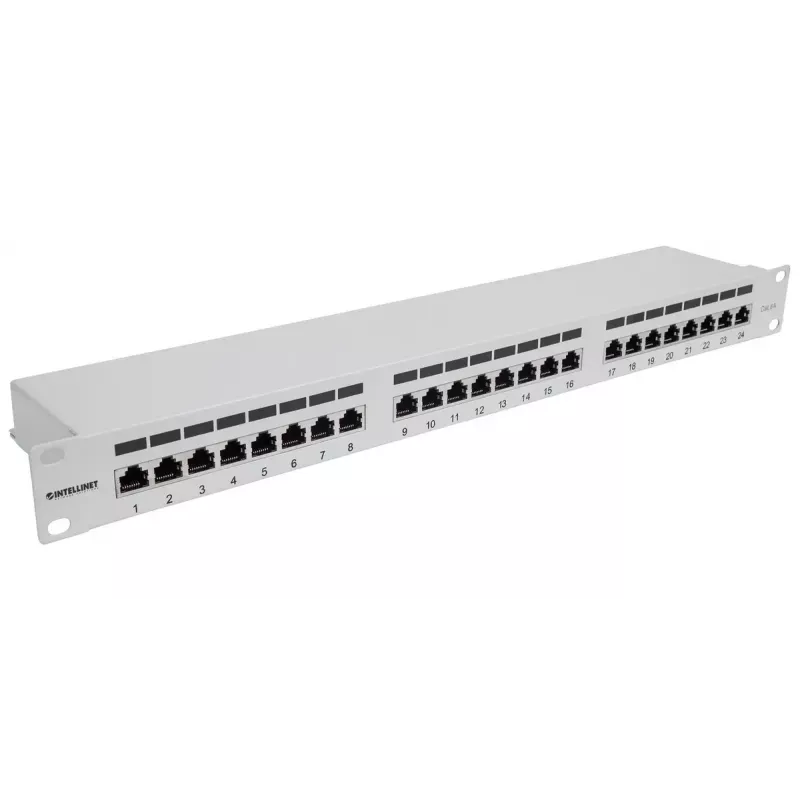 Patch panel Intellinet, Cat6a, FTP, 24 porte, 1U, schermato, barre LSA Top-Entry 90°, grigio