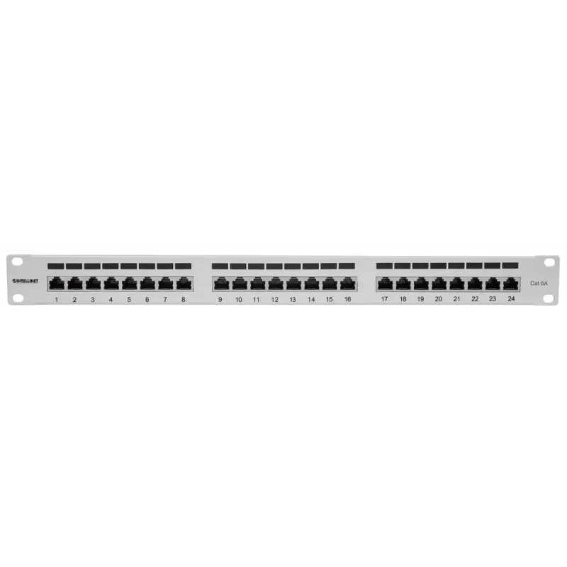 Patch panel Intellinet, Cat6a, FTP, 24 porte, 1U, schermato, barre LSA Top-Entry 90°, grigio