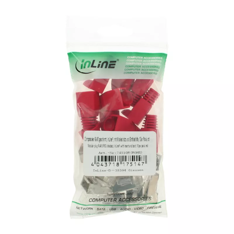 Connettore maschio crimp InLine RJ45 8P8C schermato con guida di inserimento e protezione anti-piega, rosso