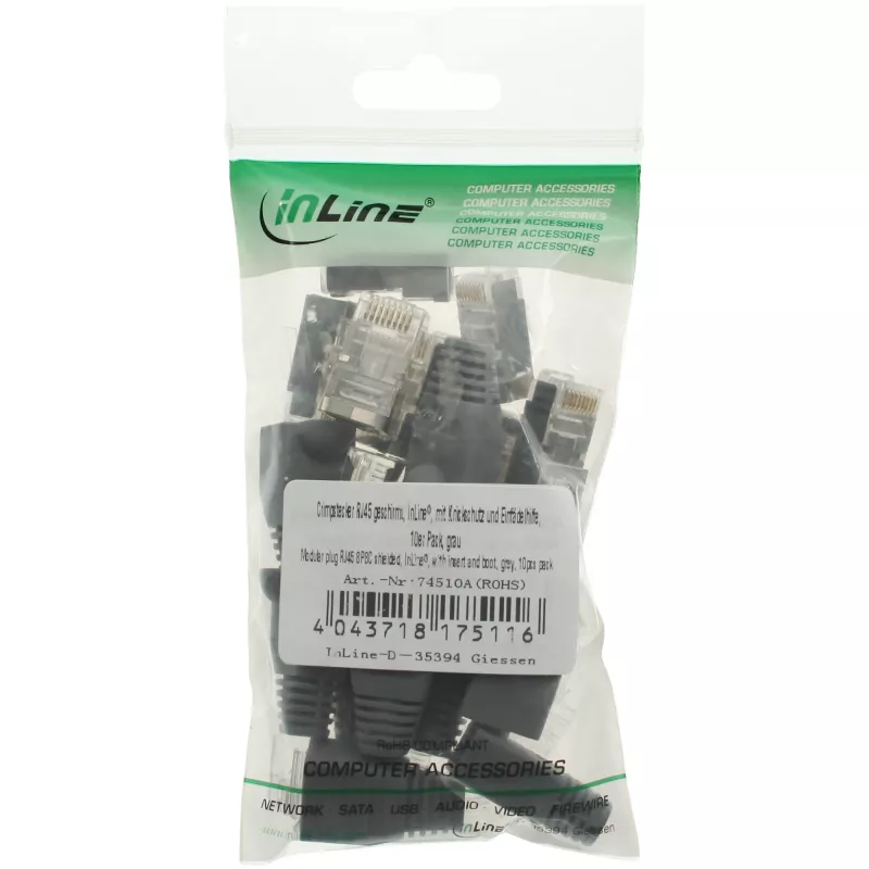 Connettore maschio crimp InLine RJ45 8P8C schermato con guida di inserimento e protezione anti-piega, grigio