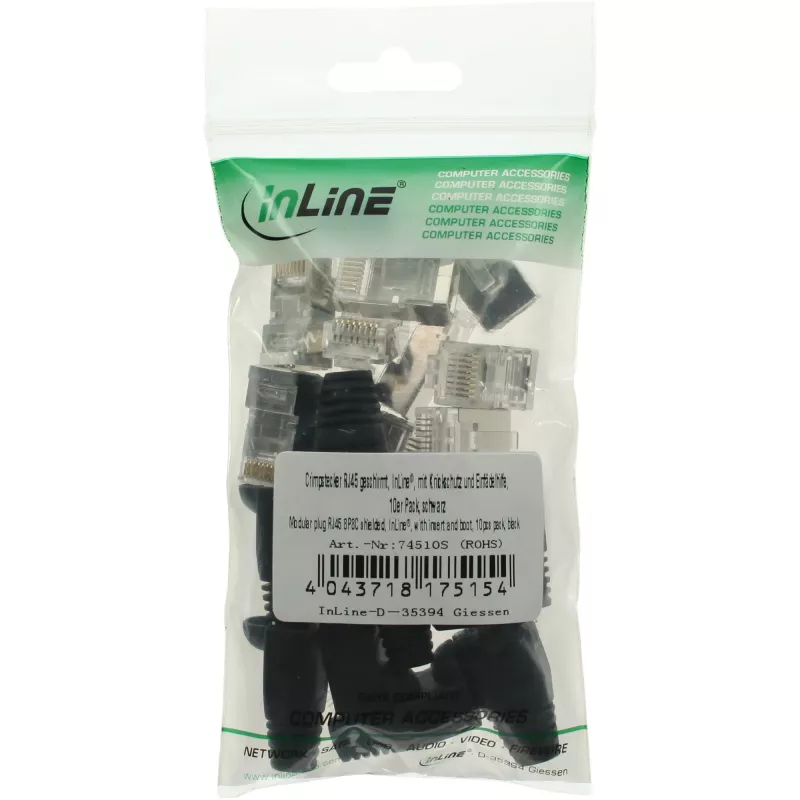 Connettore maschio crimp InLine RJ45 8P8C schermato con guida di inserimento e protezione anti-piega, nero