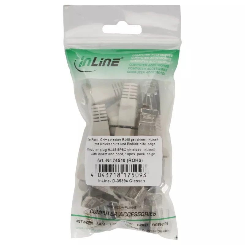 Connettore maschio crimp InLine RJ45 8P8C schermato con guida di inserimento e protezione anti-piega beige