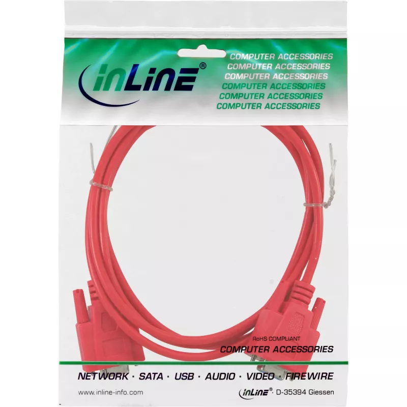 Cavo null modem InLine DB9 femmina / femmina, stampato, rosso, 3 m