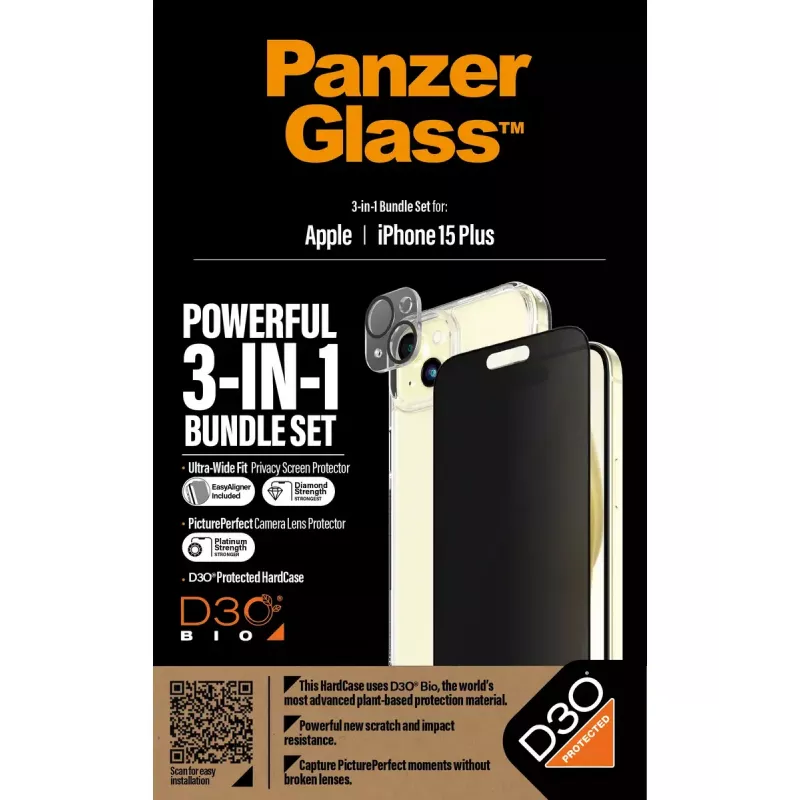 PanzerGlass Privacy confezione 3-in-1 iPhone 15 Plus vetro temperato