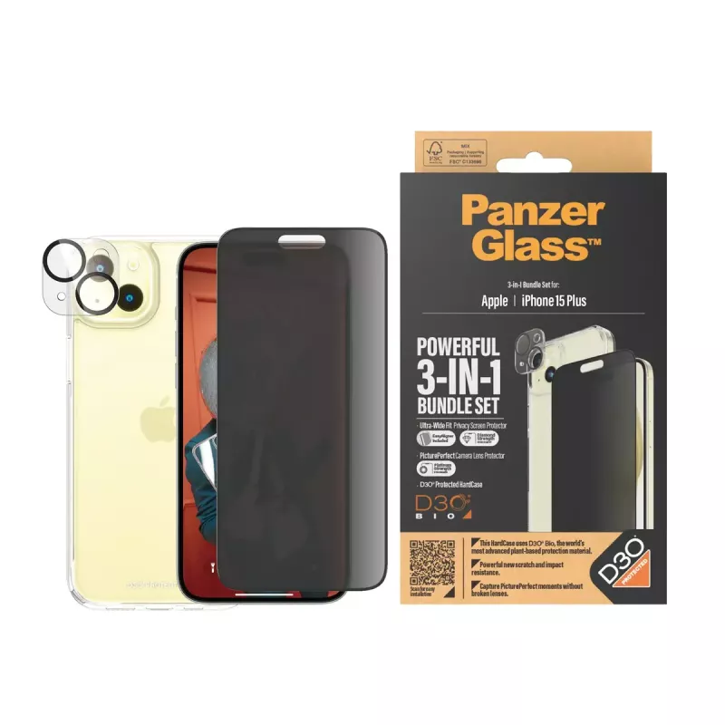 PanzerGlass Privacy confezione 3-in-1 iPhone 15 Plus vetro temperato