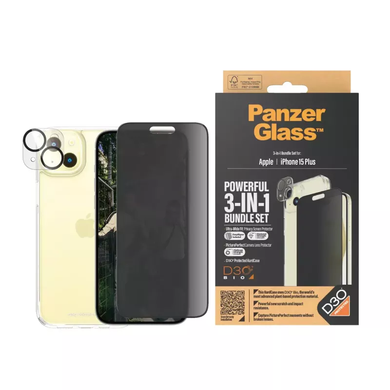 PanzerGlass Privacy confezione 3-in-1 iPhone 15 Plus vetro temperato