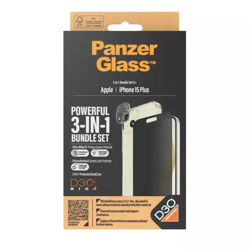 PanzerGlass Privacy confezione 3-in-1 iPhone 15 Plus vetro temperato