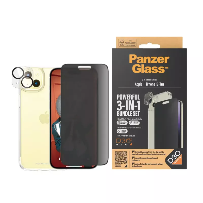 PanzerGlass Privacy confezione 3-in-1 iPhone 15 Plus vetro temperato