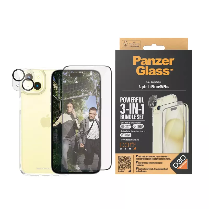 PanzerGlass confezione 3-in-1 iPhone 15 Plus vetro temperato antiurto