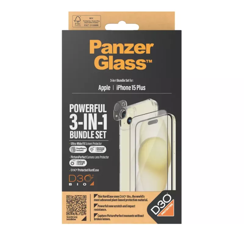 PanzerGlass confezione 3-in-1 iPhone 15 Plus vetro temperato antiurto