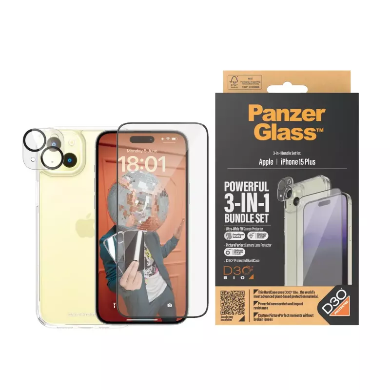 PanzerGlass confezione 3-in-1 iPhone 15 Plus vetro temperato antiurto