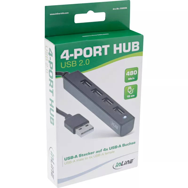 Hub USB 2.0 4 porte InLine, connettore maschio USB-A su 4x connettore femmina USB-A, cavo 15cm
