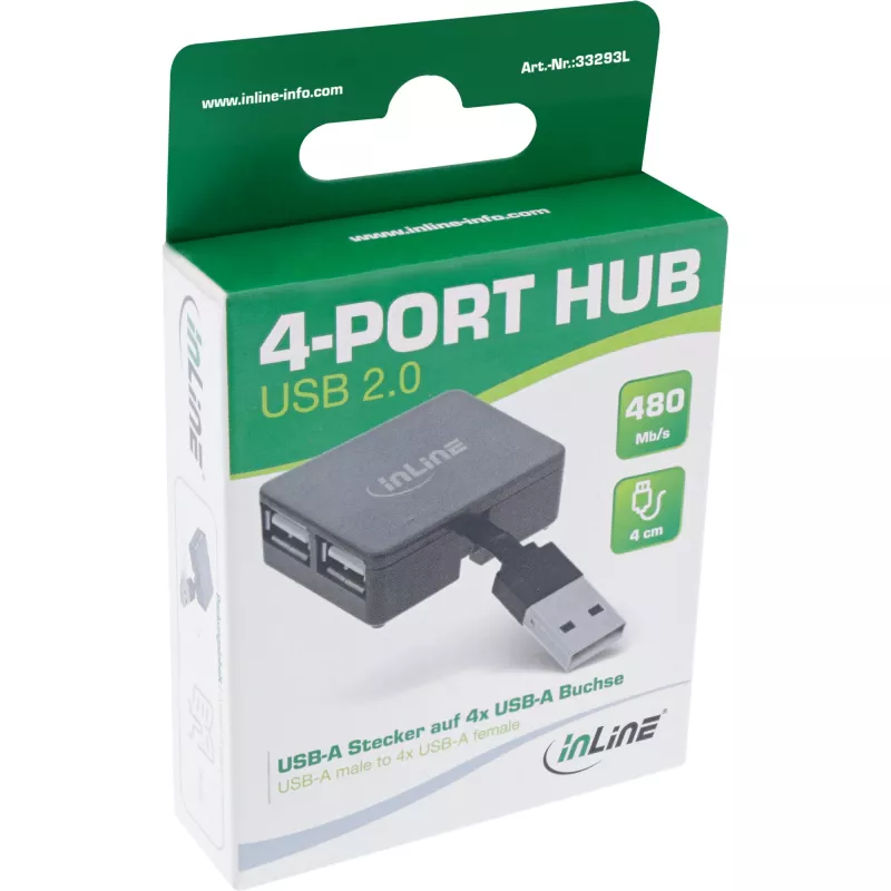 Hub USB 2.0 4 porte InLine, connettore maschio USB-A su 4x connettore femmina USB-A, cavo 4cm