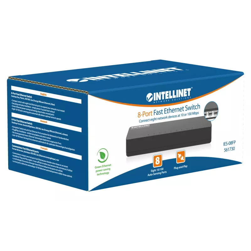 Switch Fast Ethernet 8 porte Intellinet formato desktop, plastica, IEEE 802.3az (Energy Efficient Ethernet), nero