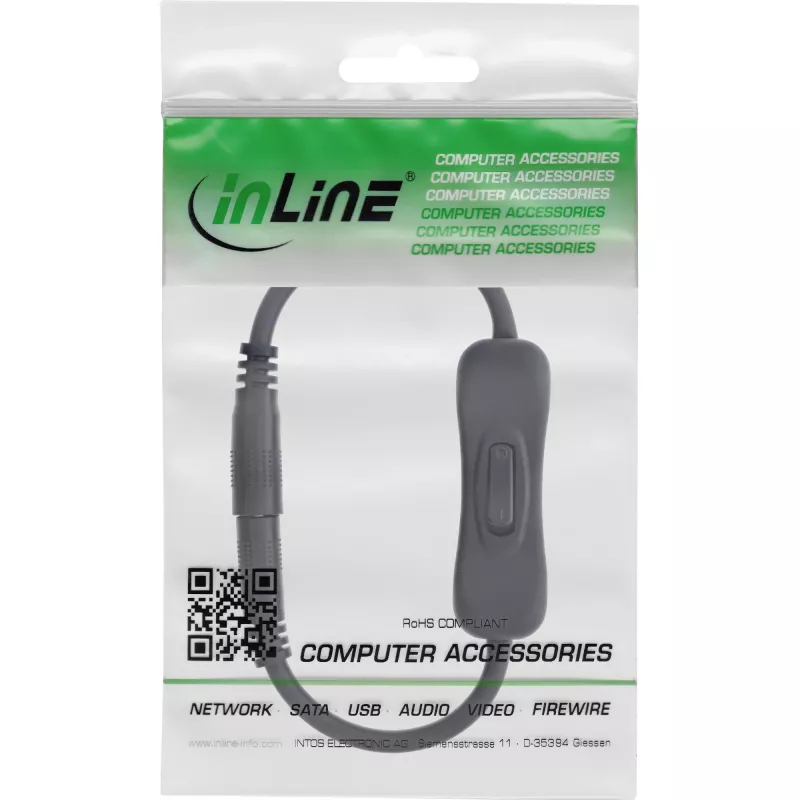 Cavo DC InLine con interruttore, connettore maschio/femmina DC 3,5x1,35mm, AWG 18, nero, 0,20m