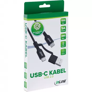 Cavo InLine 2-in-1 USB-C + adattatore USB-A, USB 2.0, 100W, TPE, nero, 2 m