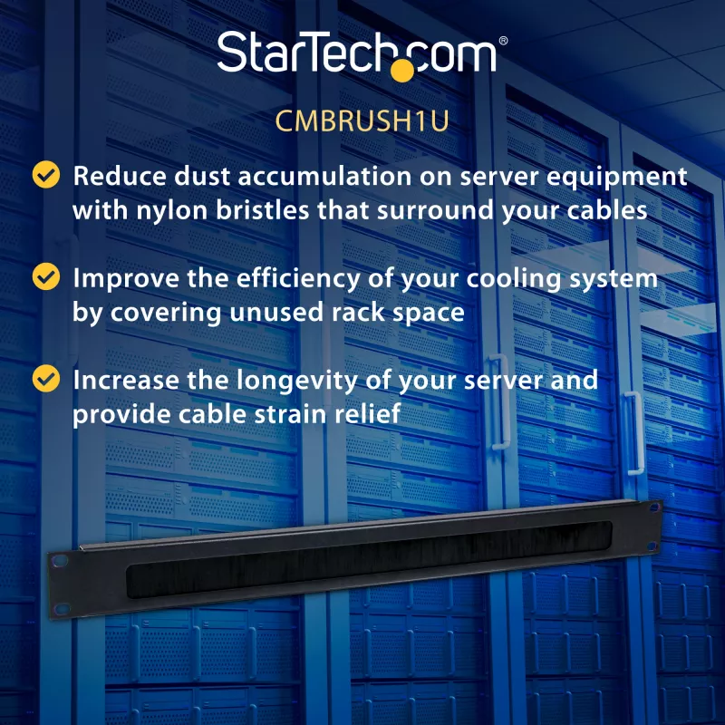 StarTech.com pannello di gestione cavi 1U high-density con spazzola, affidabile guida orizzontale in acciaio per cavi per data center